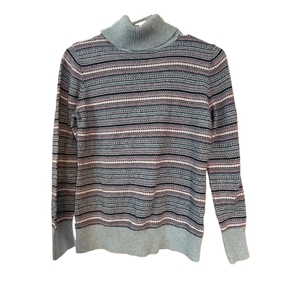 LL Bean Womens Gray Fair Isle Cotton Cashmere Turtleneck Sweater Medium